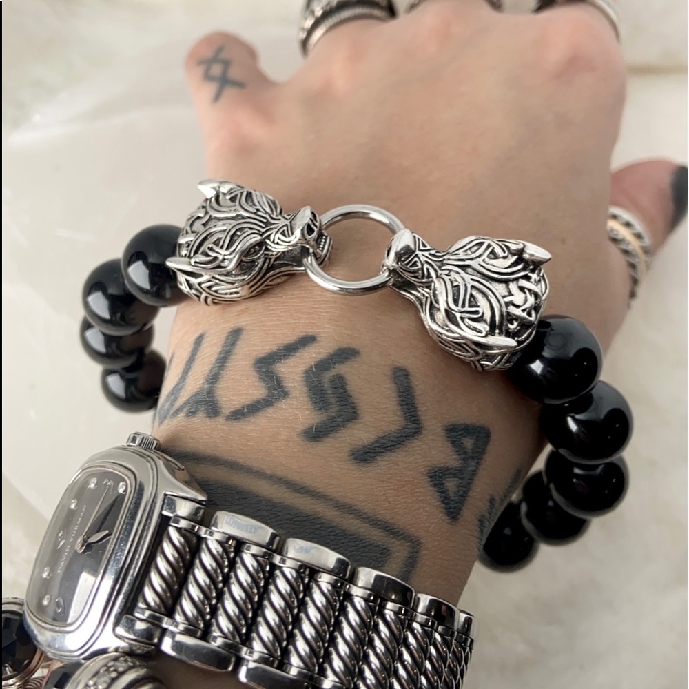 Men or women Rocker viking stainless steel tribal wolfs heads & genuine onyx - Picture 9 of 16